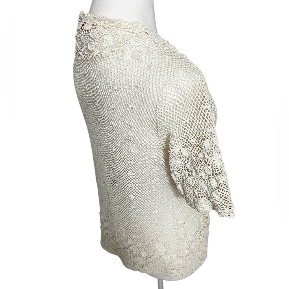 Vintage crochet sweater vest jacket cream large Japanese hand knit - Picture 6 of 11